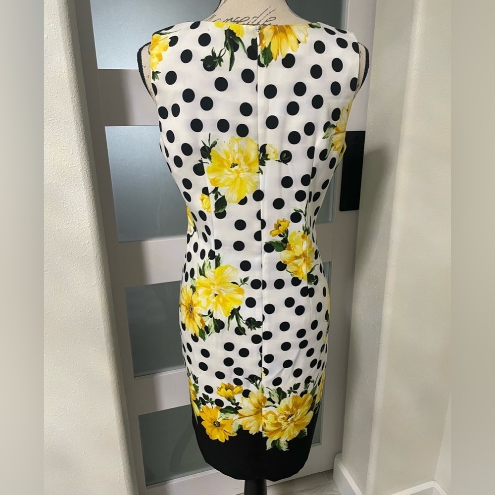 Black and White Polka Dot Sleeveless Sheath Dress with Yellow Floral Design - Picture 3 of 8